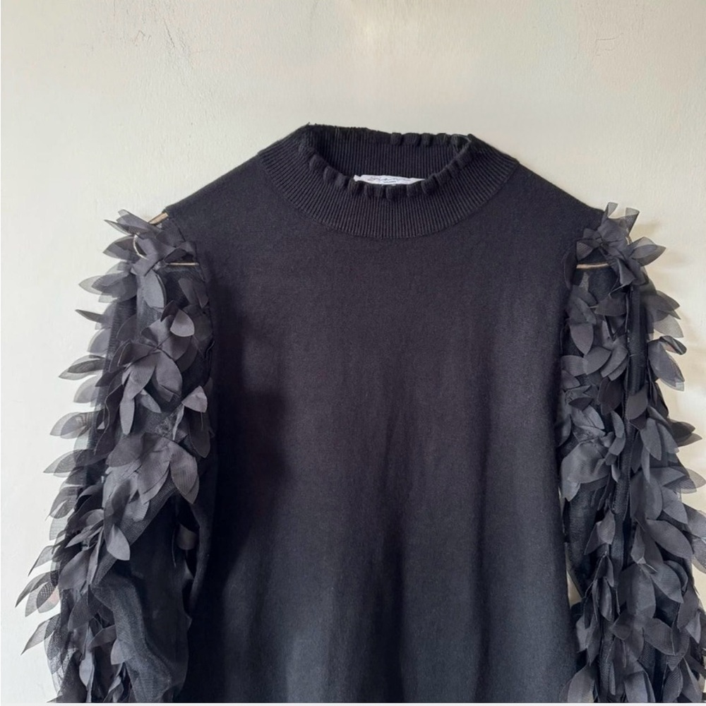 Sioni Black Petal Frill Sleeve Ruffle Neck Woman’s Sweater Size Small - Picture 5 of 13